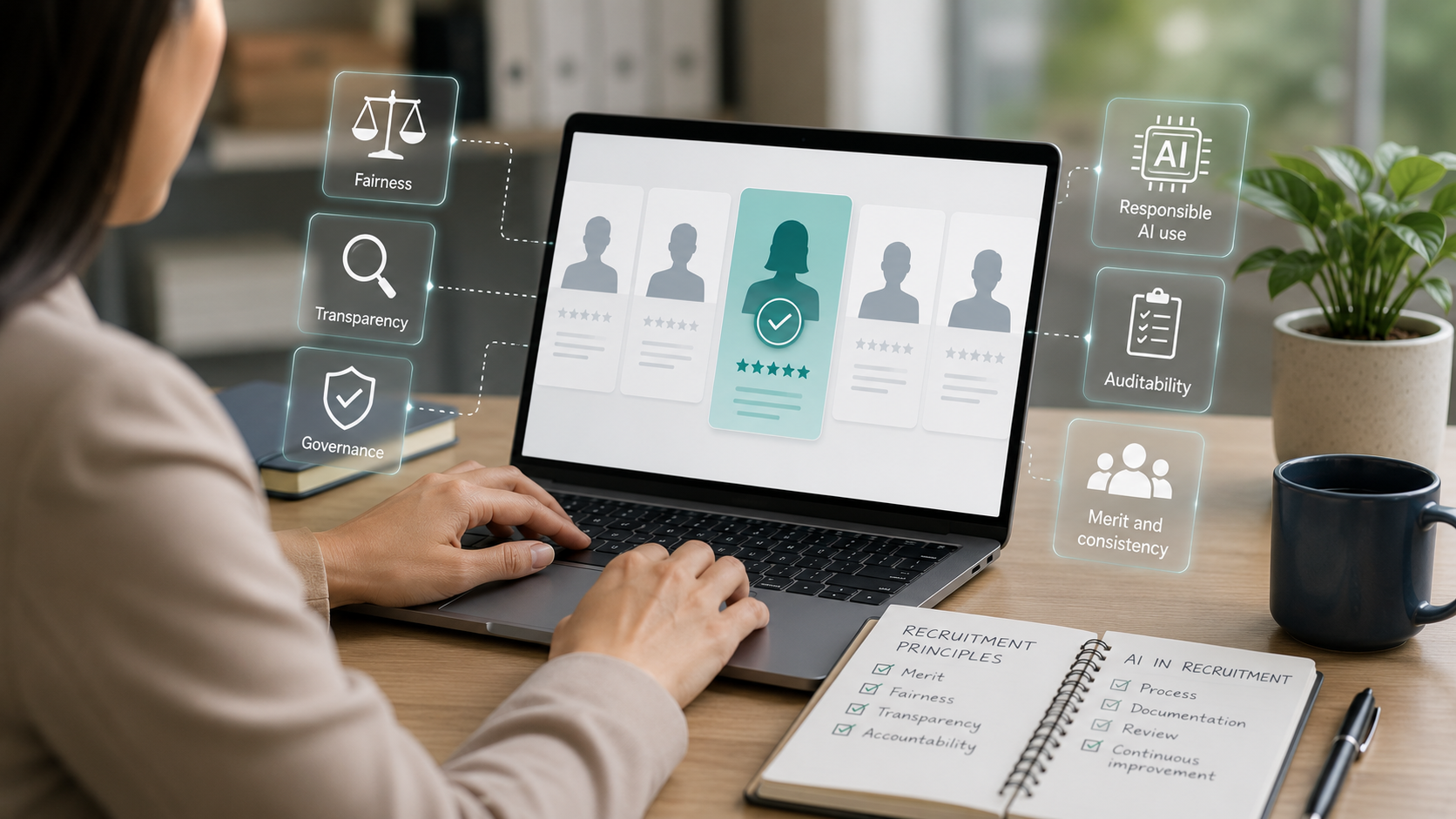 A hiring manager reviewing a recruitment dashboard with AI governance indicators, decision controls and recruitment documentation in a modern office.