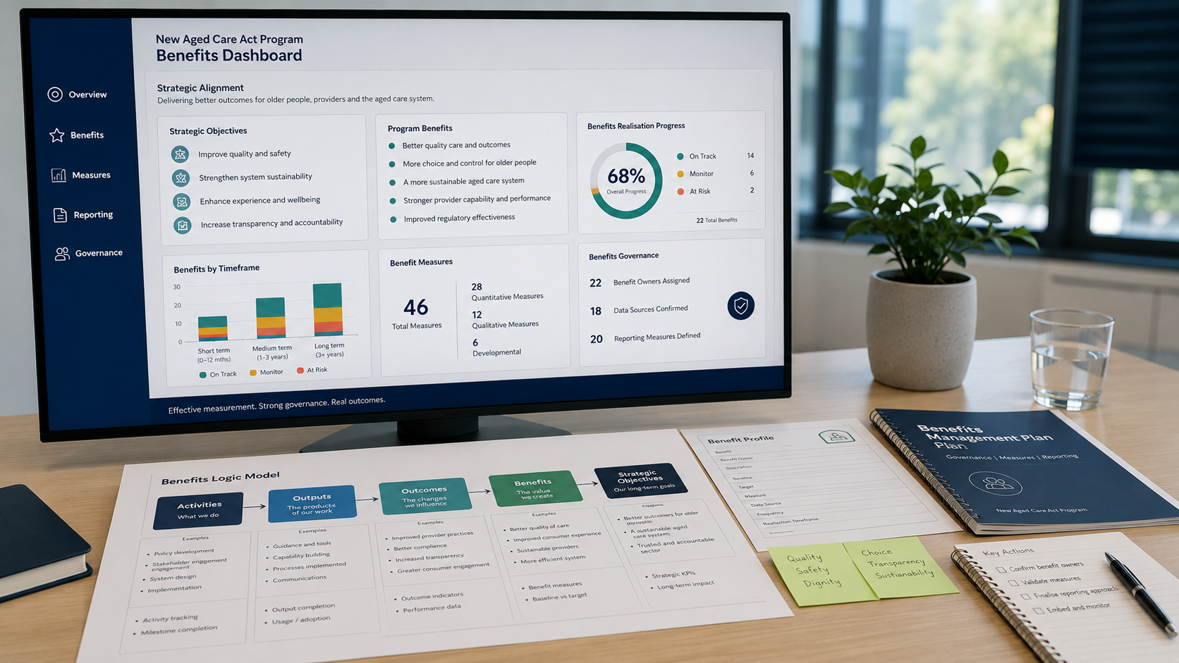 A widescreen monitor displaying a benefits realisation dashboard with printed benefit logic models and governance documents arranged on a desk.