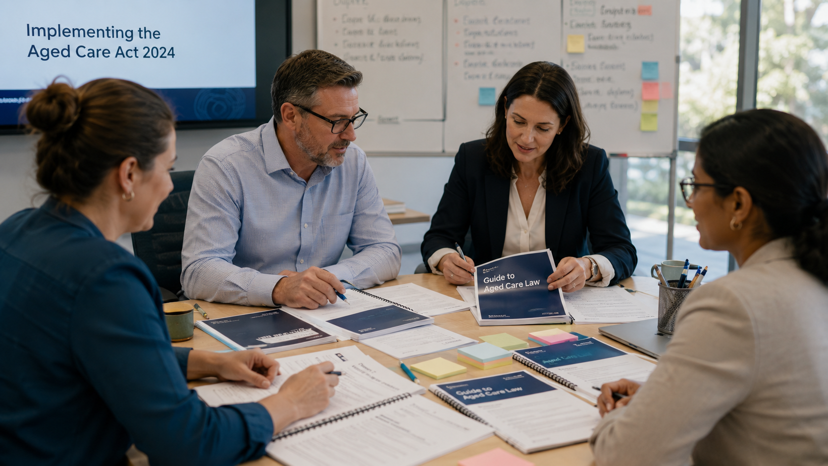 Professionals reviewing legislative guidance documents in a collaborative workshop