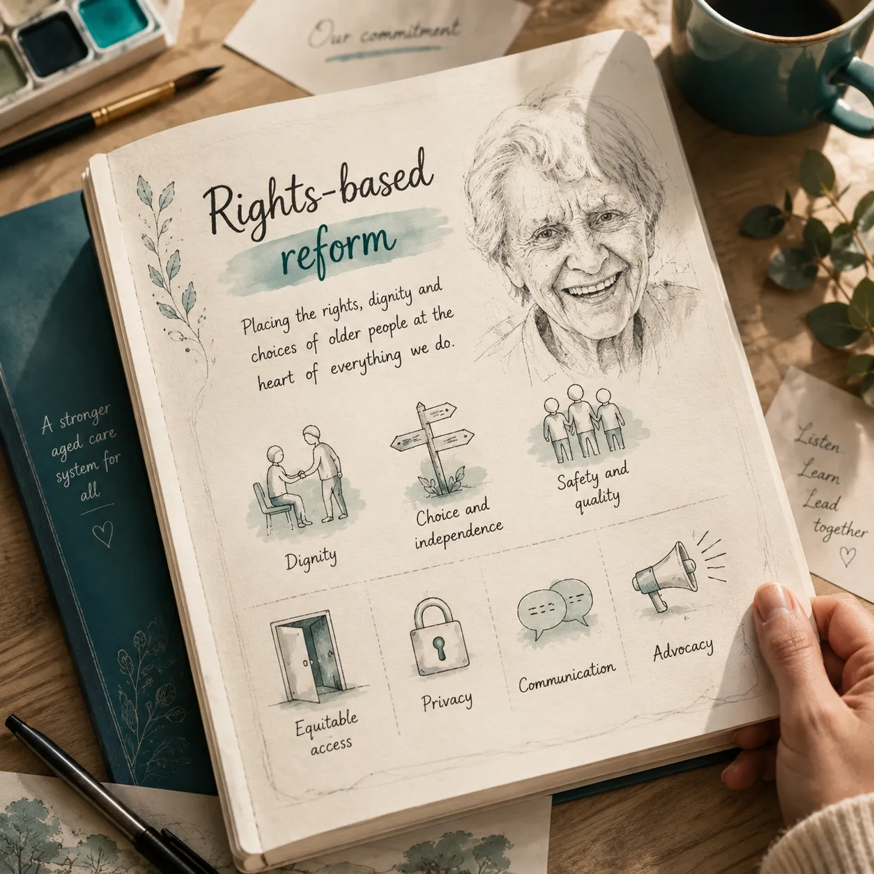 Illustrated notebook, handwritten sketches and workshop materials representing organisational change and rights-based reform